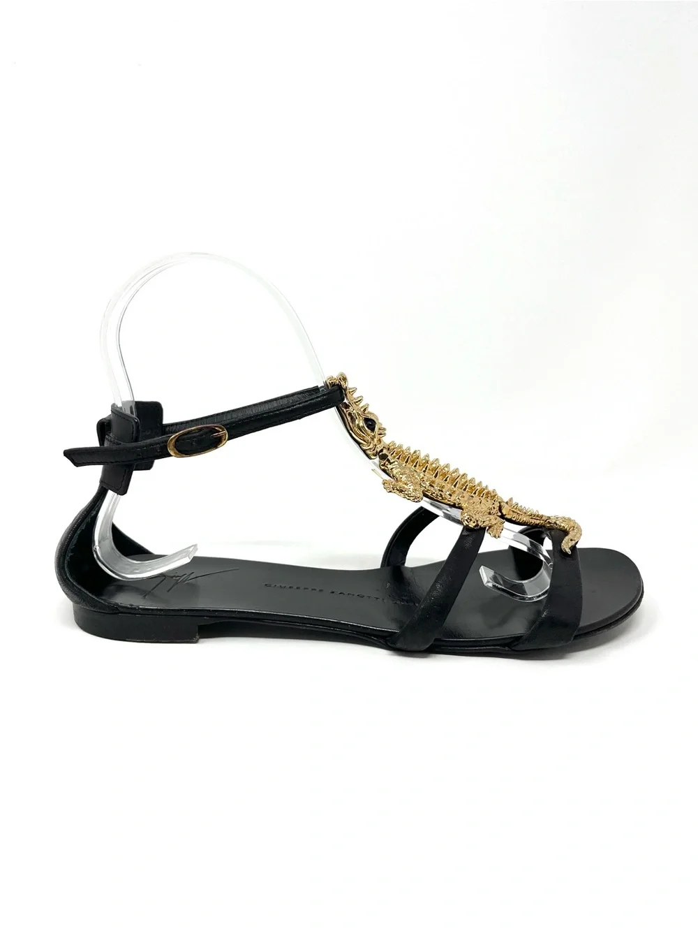Giuseppe Zanotti Black Leather Gold Alligator Embellished Flat Sandals Flats 36